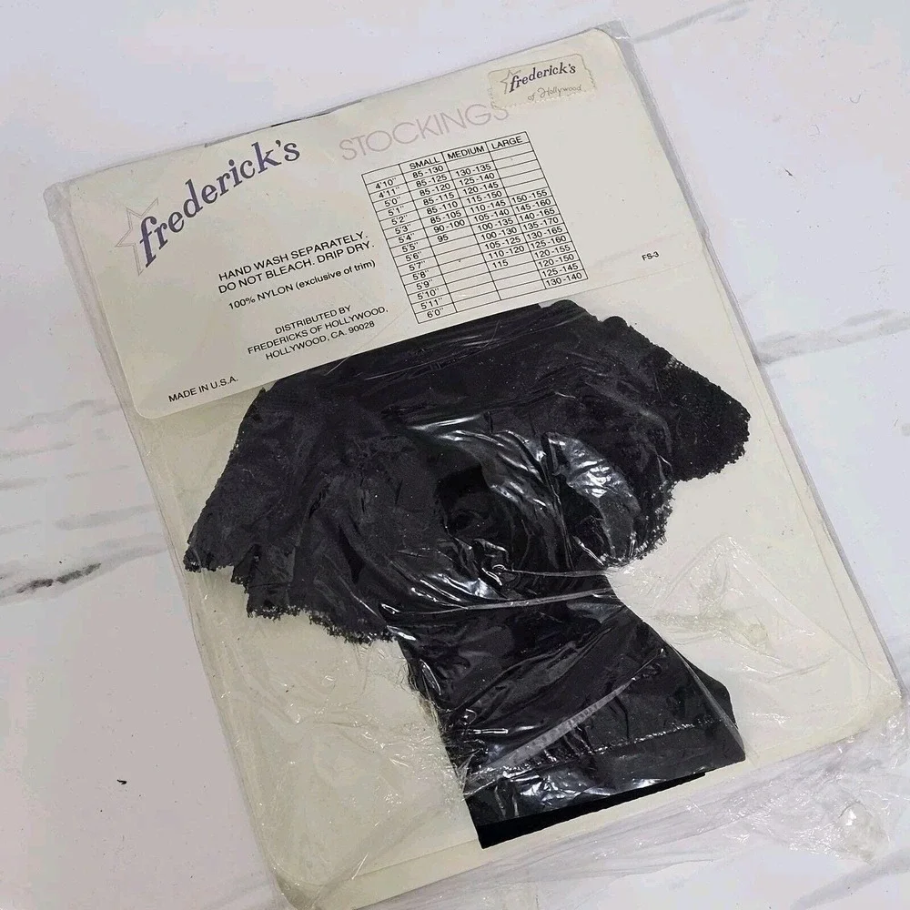 Vintage Fredericks Hollywood Dot Ruffle Top Thigh Highs Black Nylon M USA‎ NOS